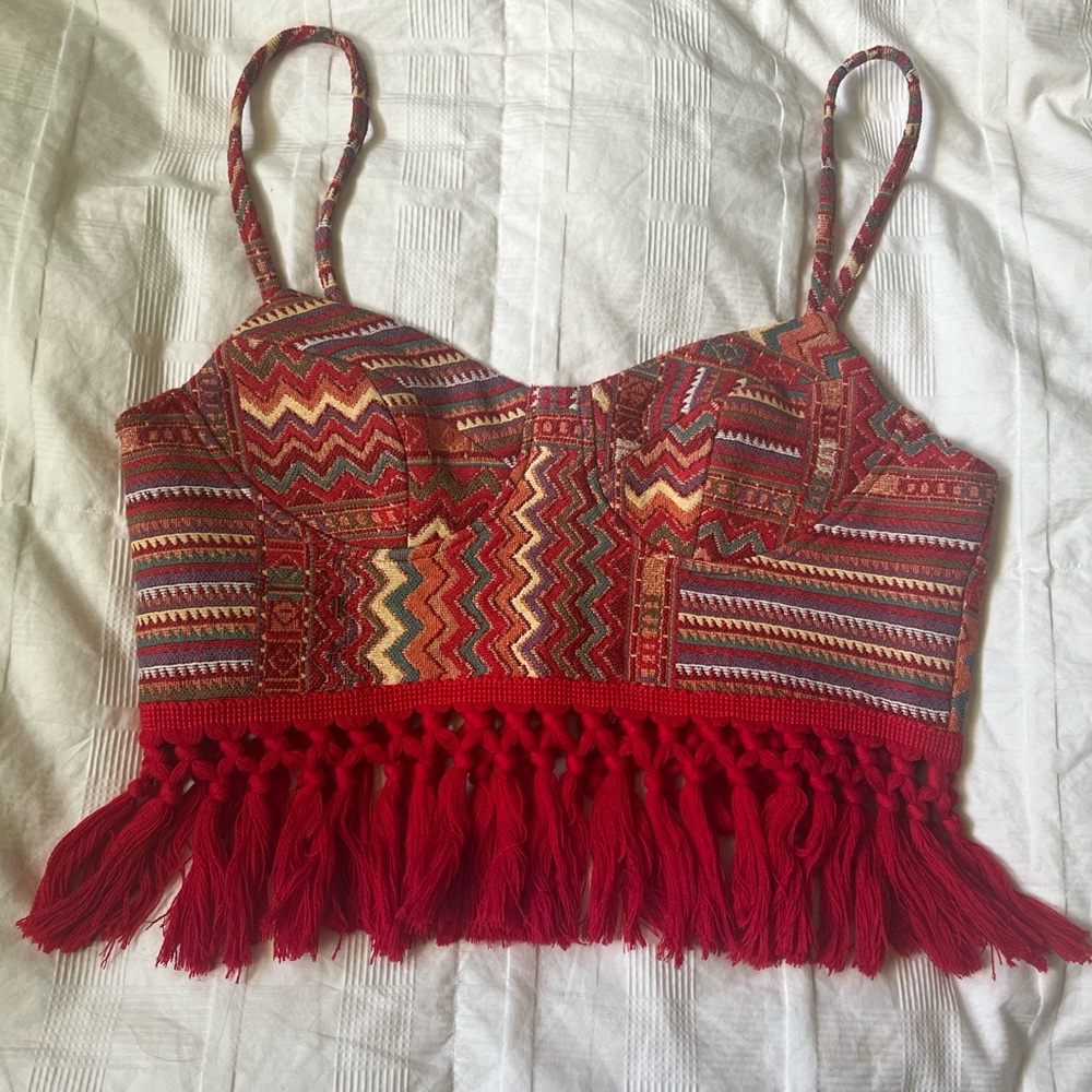 Tribal print corset style tassel top with straps
